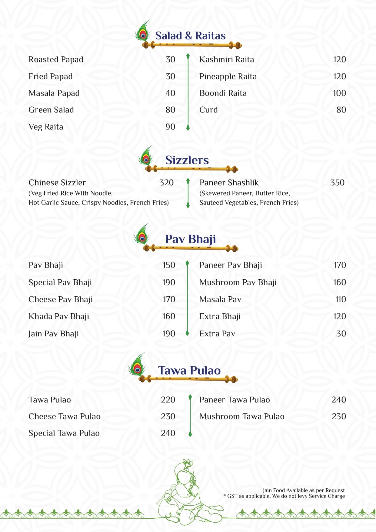 Salad & Raitas, Sizzlers, Pav Bhaji, Tawa Pulao